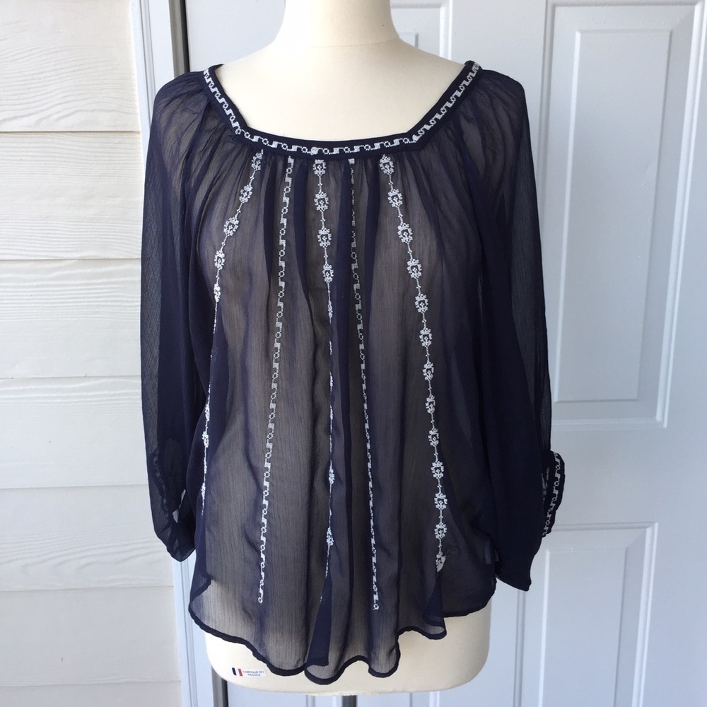 Lucky Brand, Blue Sheer Top with embroidery